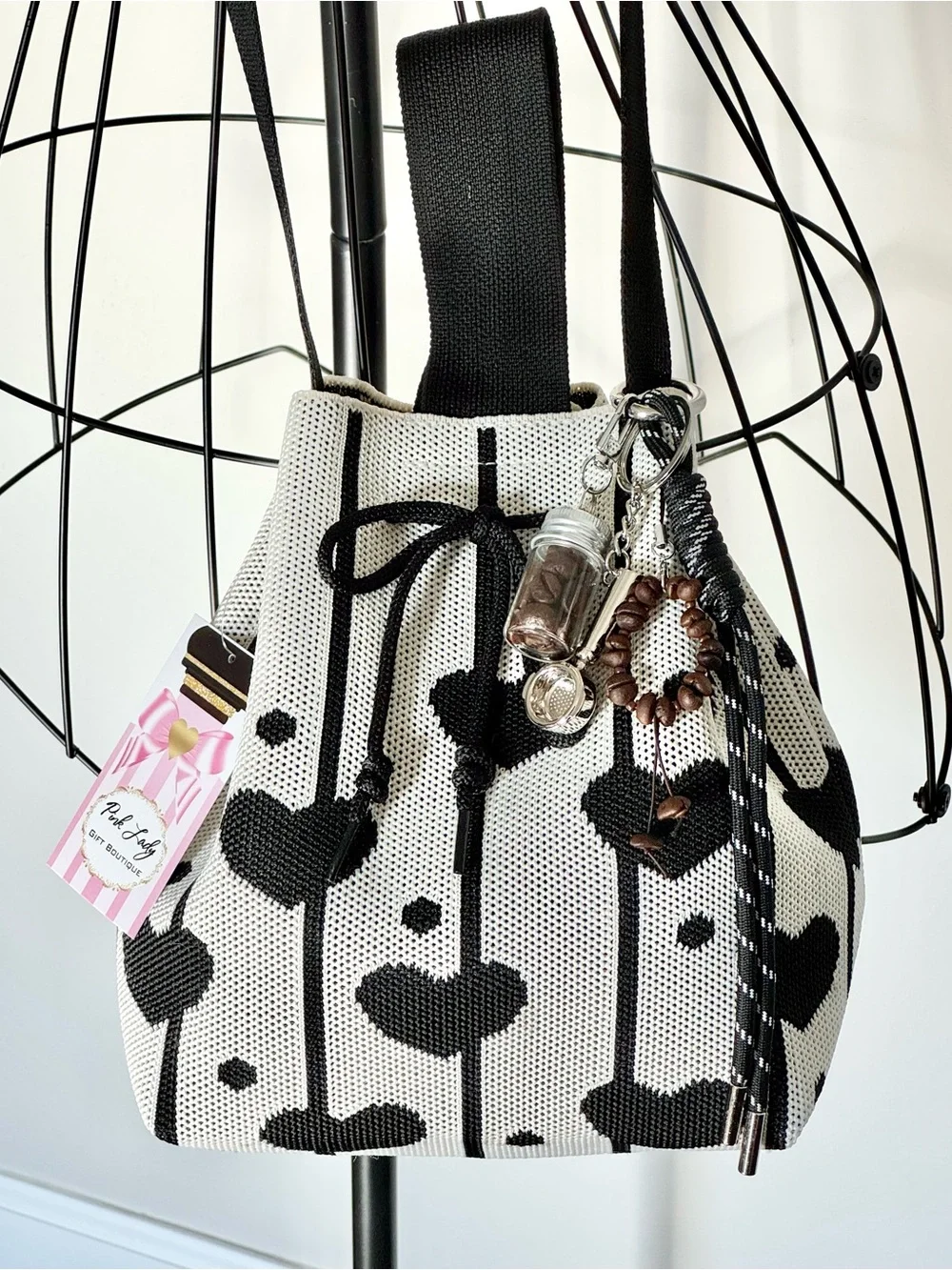 New I Love Coffee Theme Black Hearts Print Bucket Bag Crossbody Purse w/ Charm
